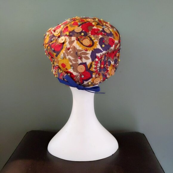 Vtg 60s Floral Liberty Sequin Pillbox Turban Hat - Picture 4 of 6